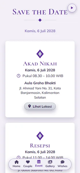 Detail acara undangan Tirai Manik Violet
